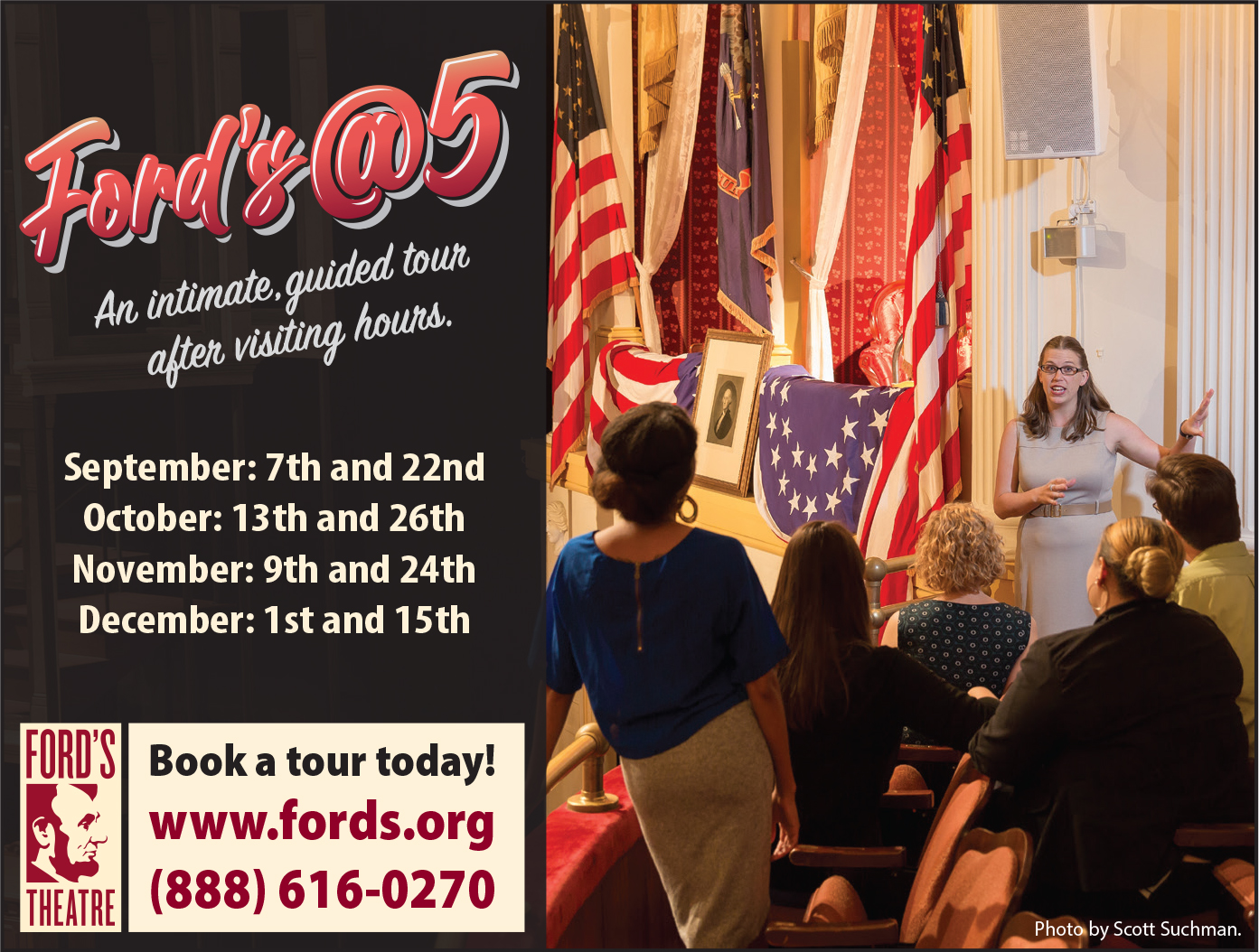Advertisement for the Ford's Theatre behind-the-scenes tour called Fords@5. Go to https://fords.org/visit-us/guided-tours/fords5-tours/
