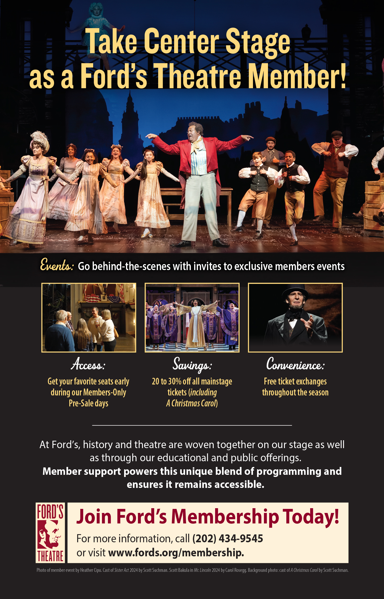 Large advertisement for joining Ford's Theatre as a member. Go to https://fords.org/get-involved/membership/.