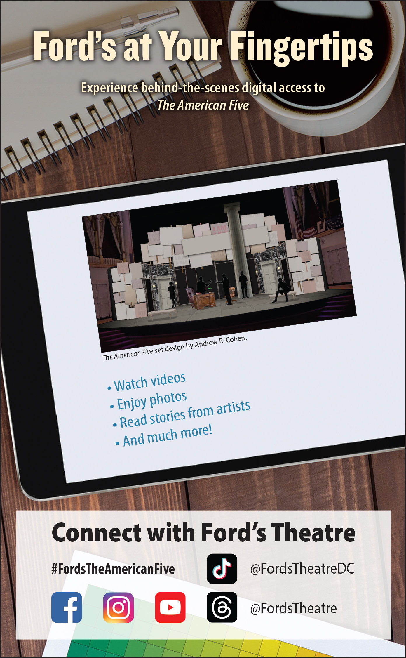 Advertisement for Ford's Theatre's social media channels.