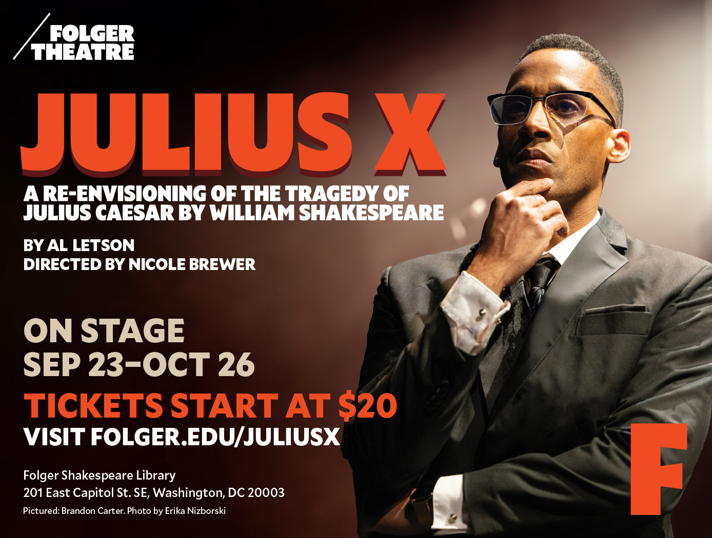 Ad for "Julius X" at Folger Theatre.