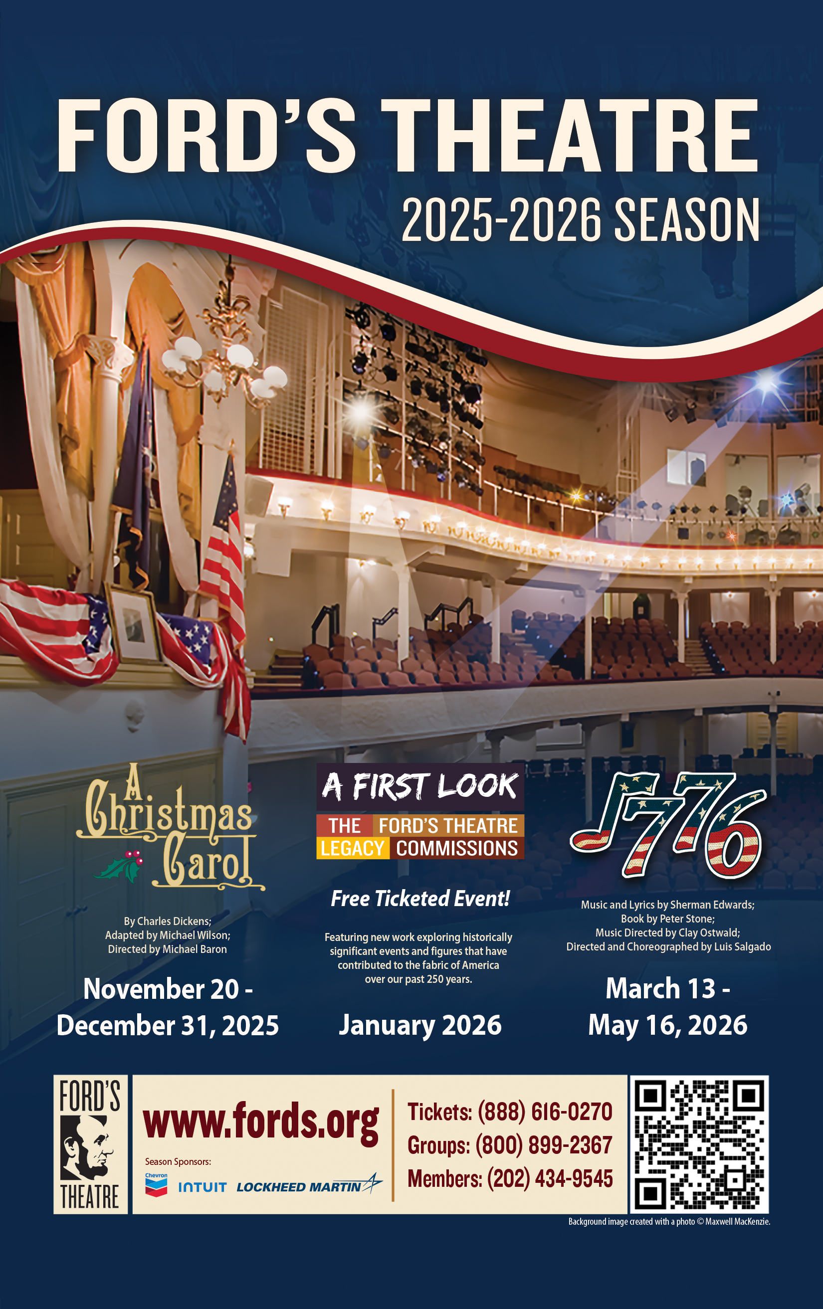 Advertisement for Ford's Theatre's 2025-2026 season. Go to https://fords.org/whats-happening/2025-2026-season/