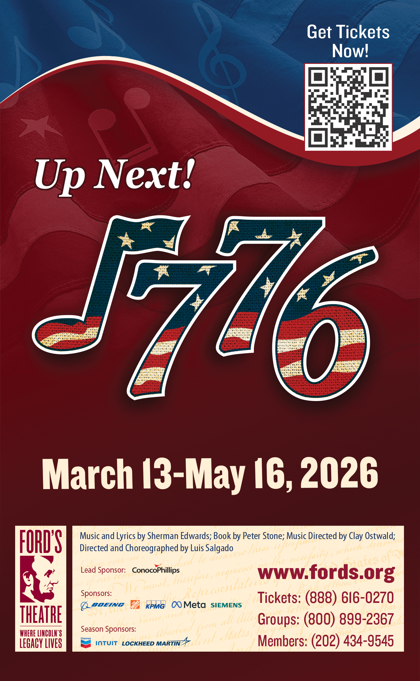 Ad for 1776 at Ford's Theatre. Link to www.fords.org.