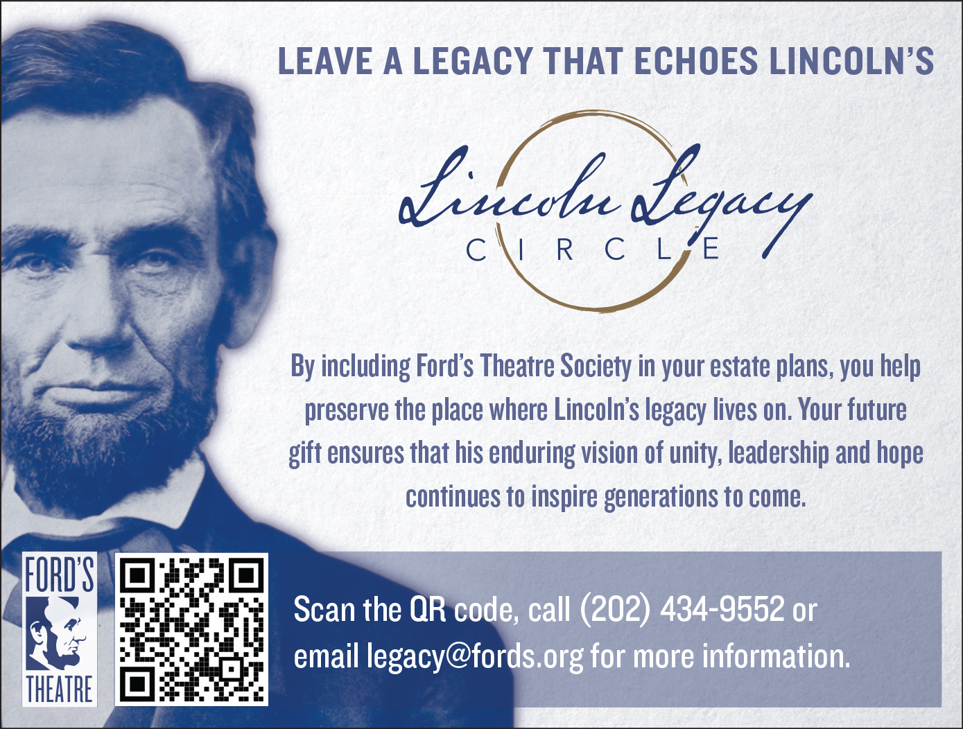 Advertisement for the Lincoln Legacy Circle. Email legacy@fords.org for more information or link to https://fords.org/get-involved/ways-to-give/planned-giving/.