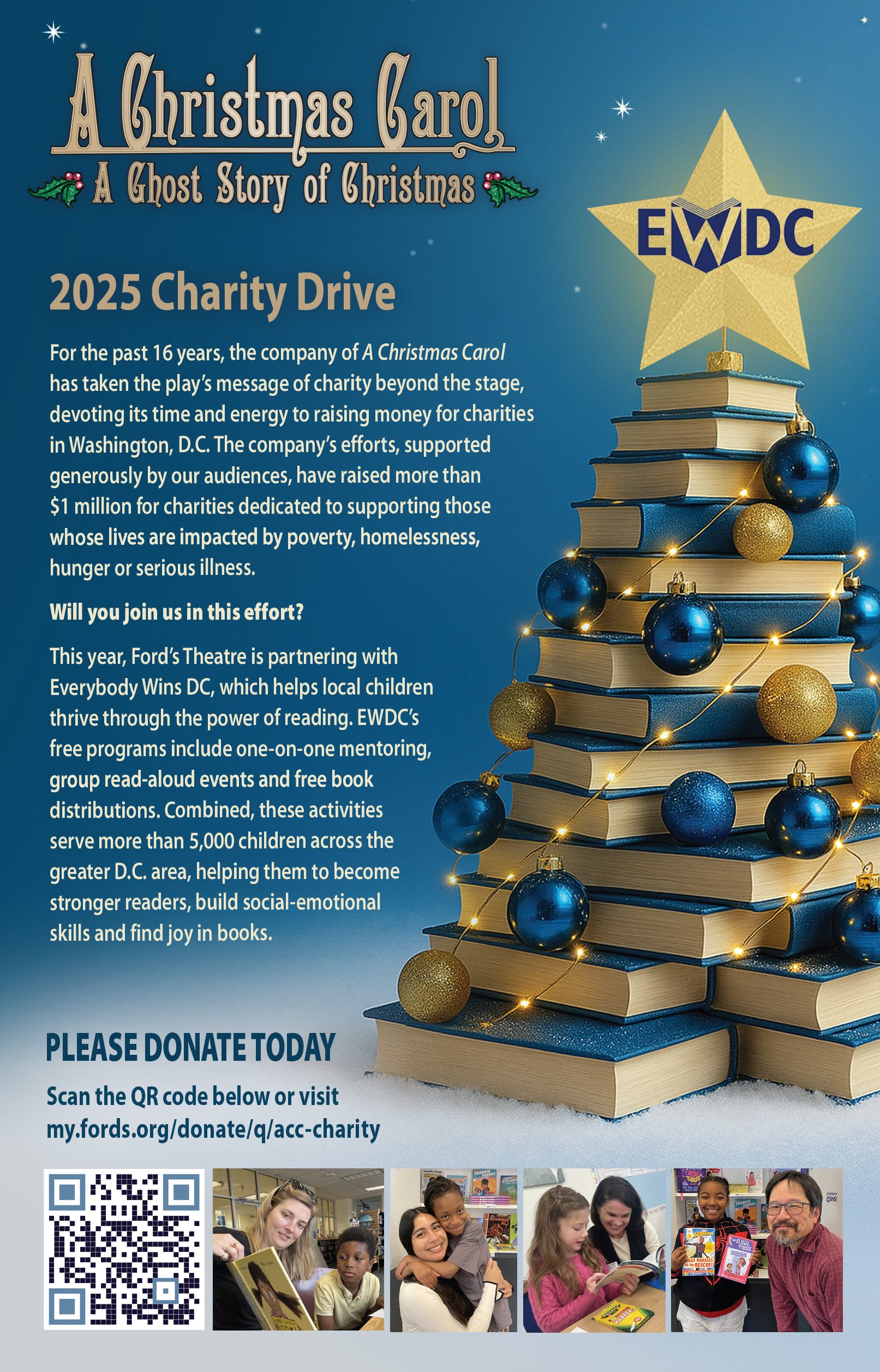Ad for Ford's Theatre's Charity drive. QR code link to: https://my.fords.org/donate/q/acc-charity