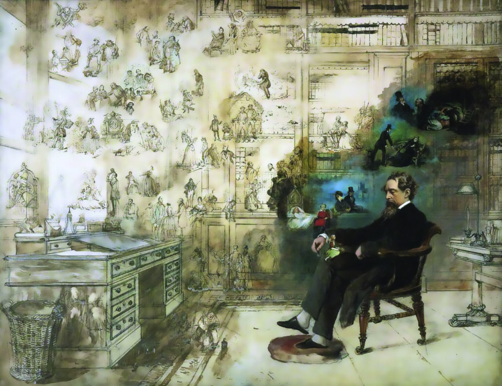 Drawing of Charles Dickens asleep in an office, with scenes from his novels floating around him.