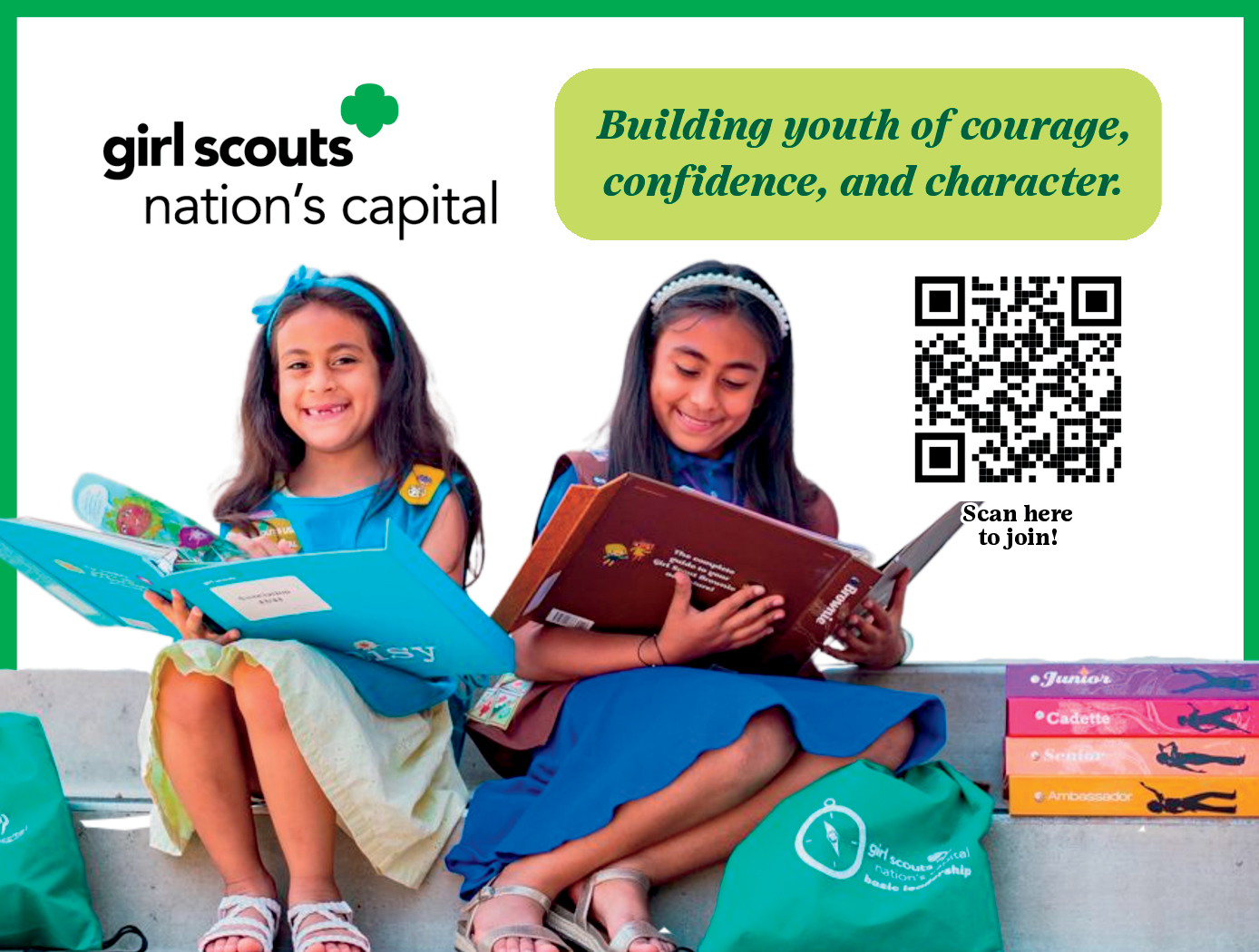 Ad for the Girl Scouts. QR code links to https://www.gscnc.org/en/get-involved/join/204-association-70-central-ms-blanket-marketing.html