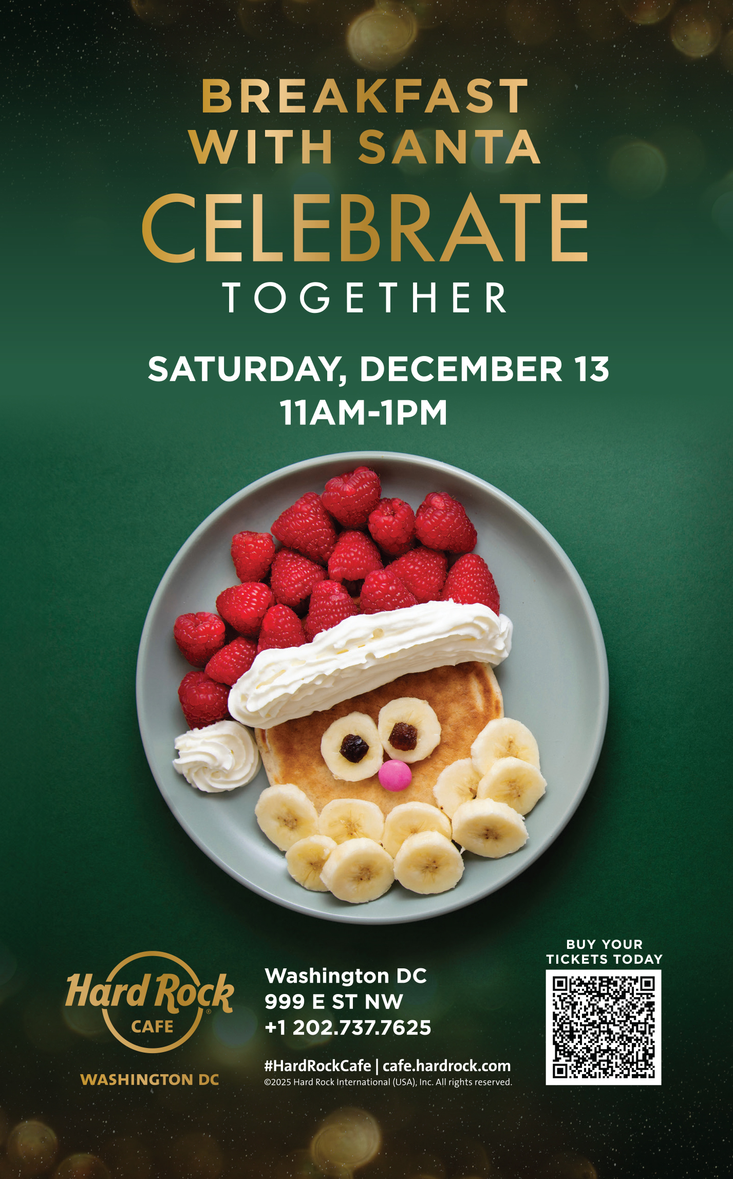 Ad for Hard Rock Cafe's Celebrate Together deal. QR code links to https://www.ticketweb.com/event/breakfast-with-santa-hard-rock-cafe-washington-dc-tickets/14524863