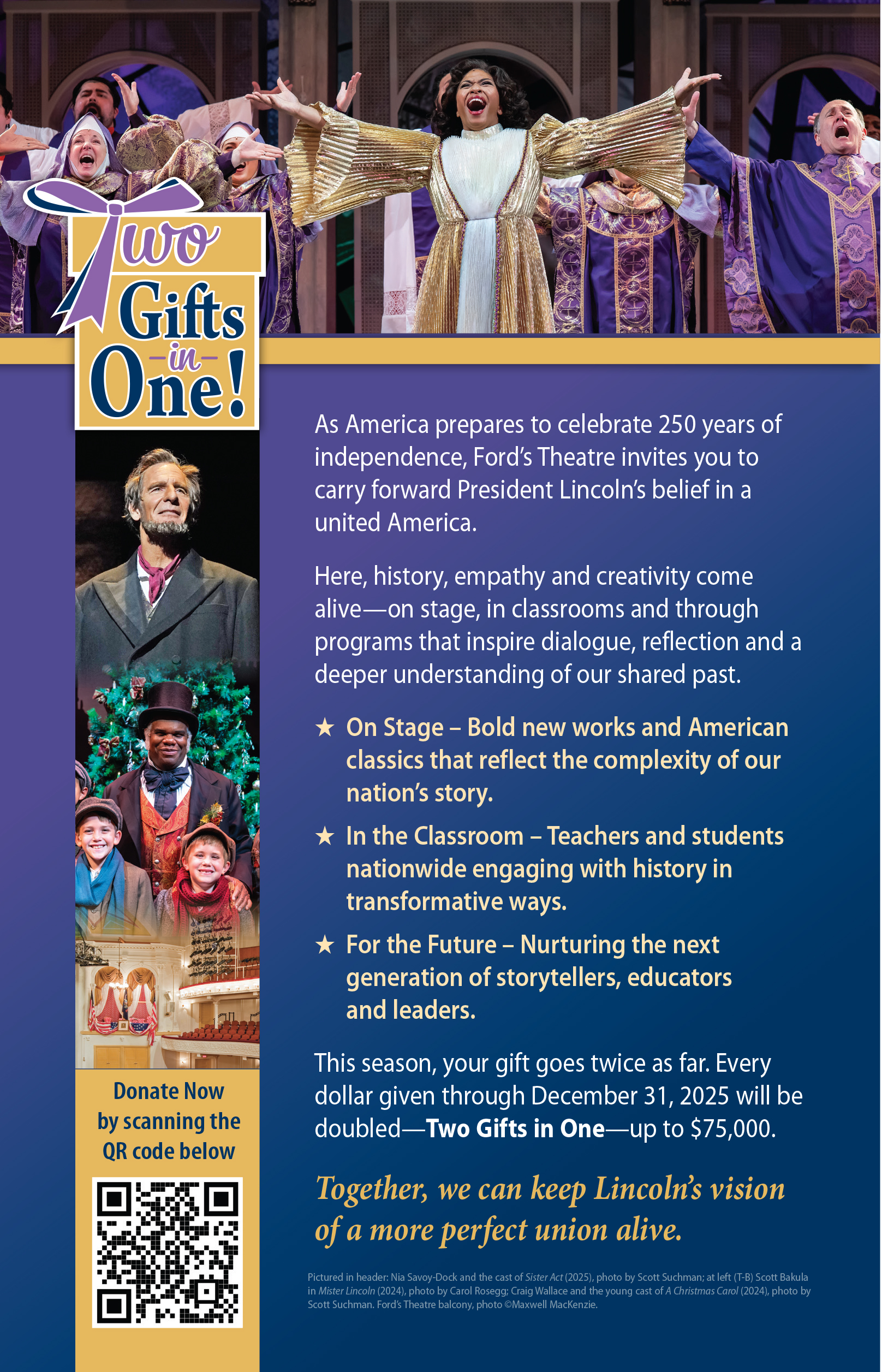 Ad for donating to Ford's Theatre. QR code goes to: https://my.fords.org/donate/i/individual-donation