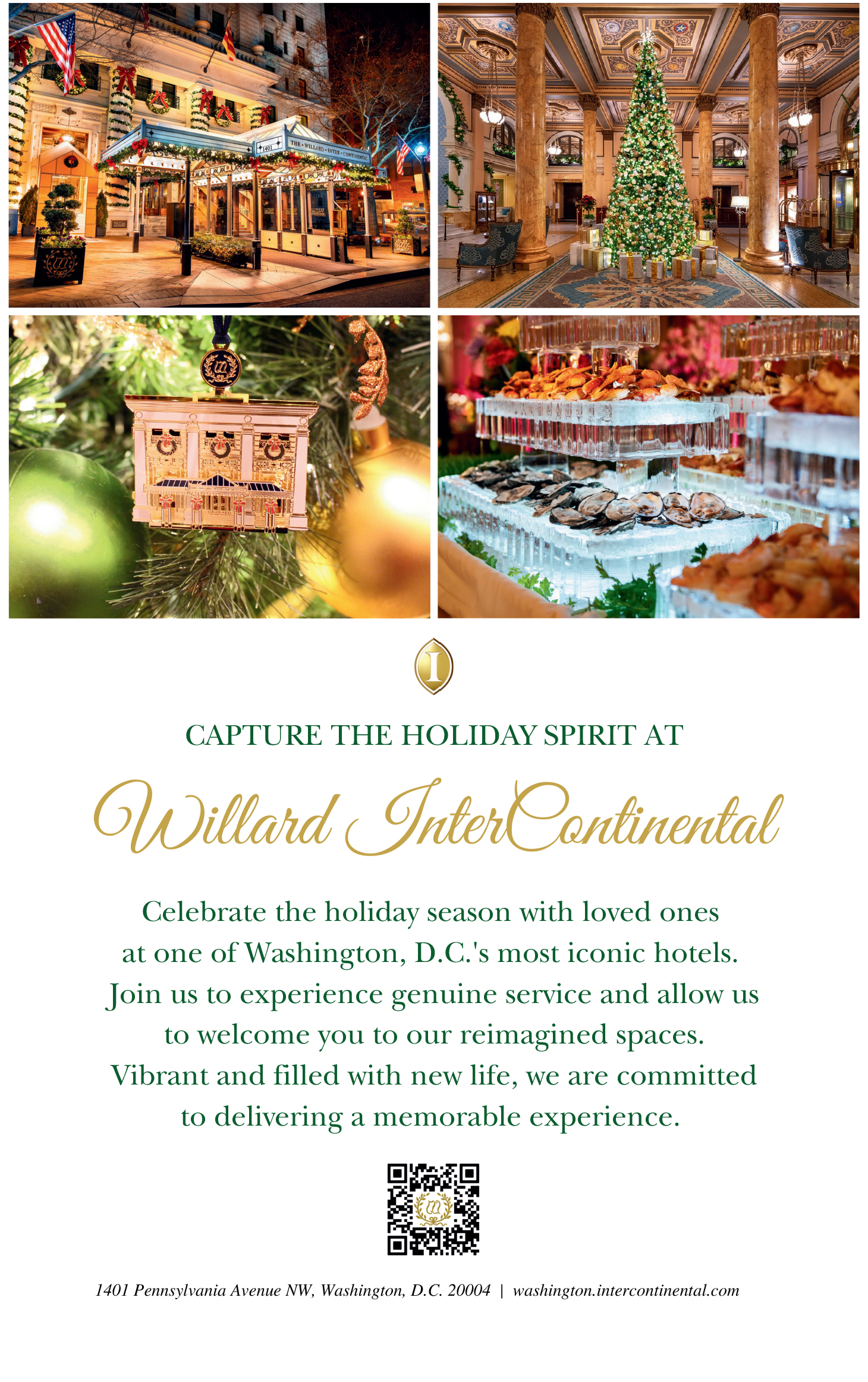 Ad for the Willard InterContinental Hotel. QR code to https://washington.intercontinental.com/.