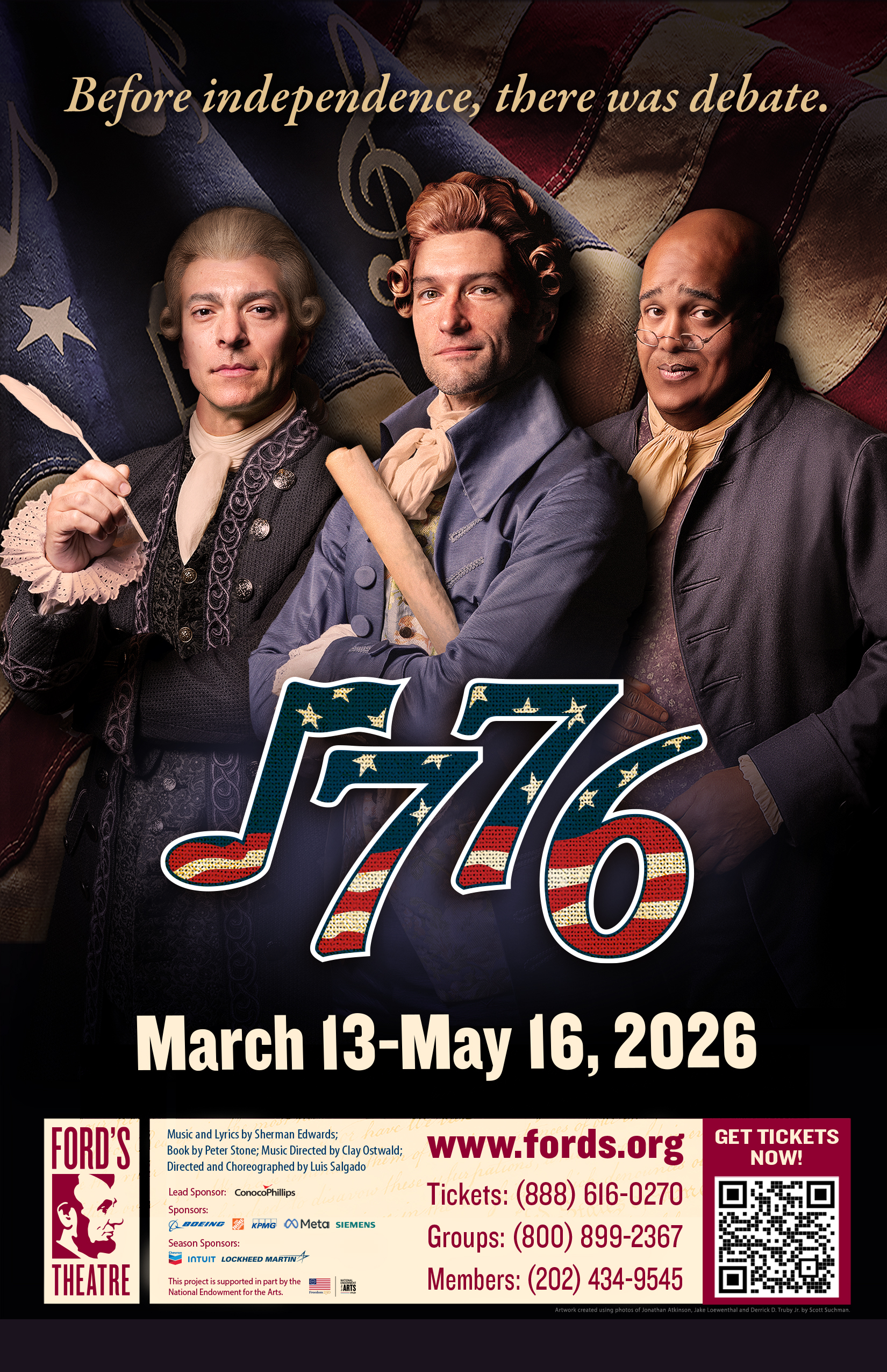 Advertisement for the Ford's Theatre spring production of 1776, with three actors dressed in 18th century clothing posing behind a logo.